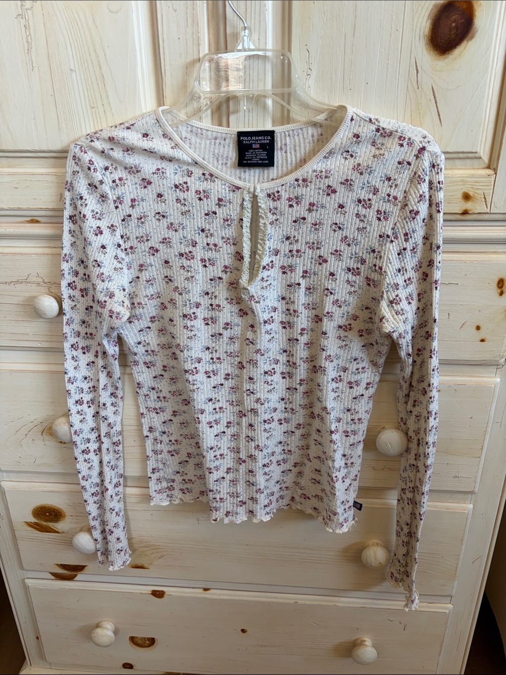 Polo by Ralph Lauren Cream Ribbed Floral Henley Long Sleeve Top